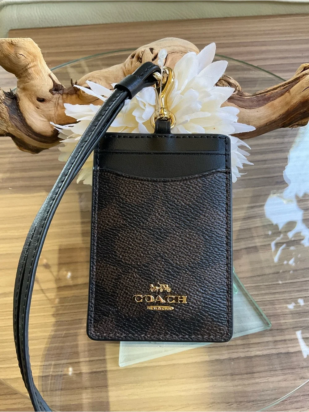 Coach Brown & Black Signature Card Holder Lanyard with Gold Hardware